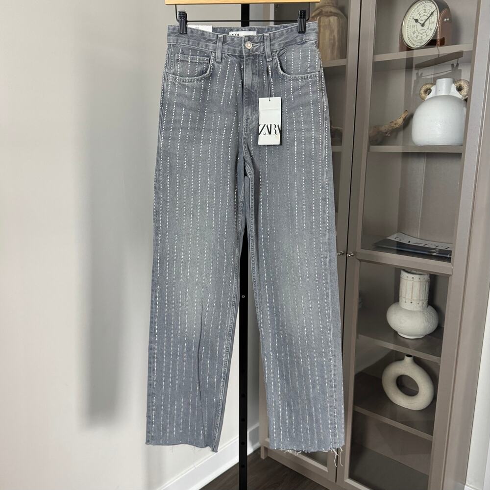 Zara Boy Boy Fit w Embellishment Striped Relaxed Straight Jeans 4 NEW Grey Denim - Picture 2 of 7